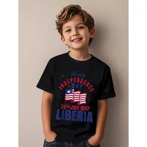 Kids' Independence Day T-Shirt - July 26Th, 1847 Liberia Flag Design with Fireworks And Stars - Soft Breathable Round Neck Short Sleeve Casual Top for Boys And Girls - Liberian Pride Apparel, Perfect for Celebrations And Casual Wear
