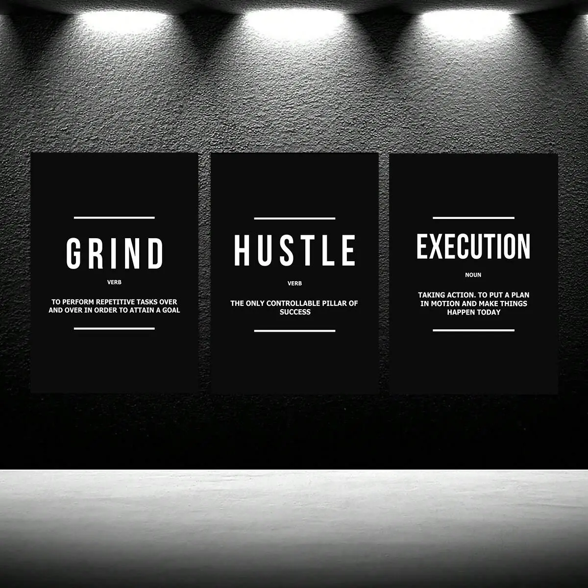 Unframed Modern Waterproof 3-Piece Posters Set - Military, Polka Dot, Plaid, Houndstooth, Marble Motivational Grind-Hustle Success Quote Wall Art, Long-Lasting Entrepreneur Gift with Box, Home Decor Accent for Kitchen, Room