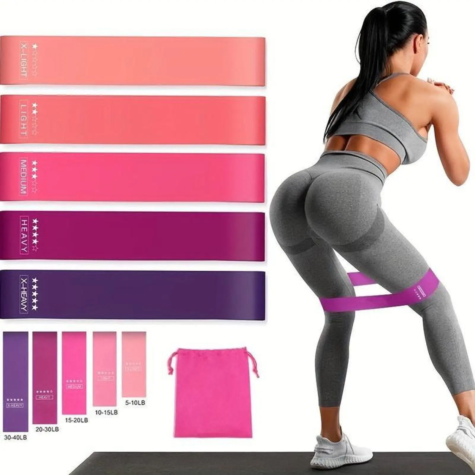 Yoga Resistance Band 5 Counts/set with Drawstring Storage Bag, Home Gym Fitness Equipment, Durable Stretching Band for Women and Men.