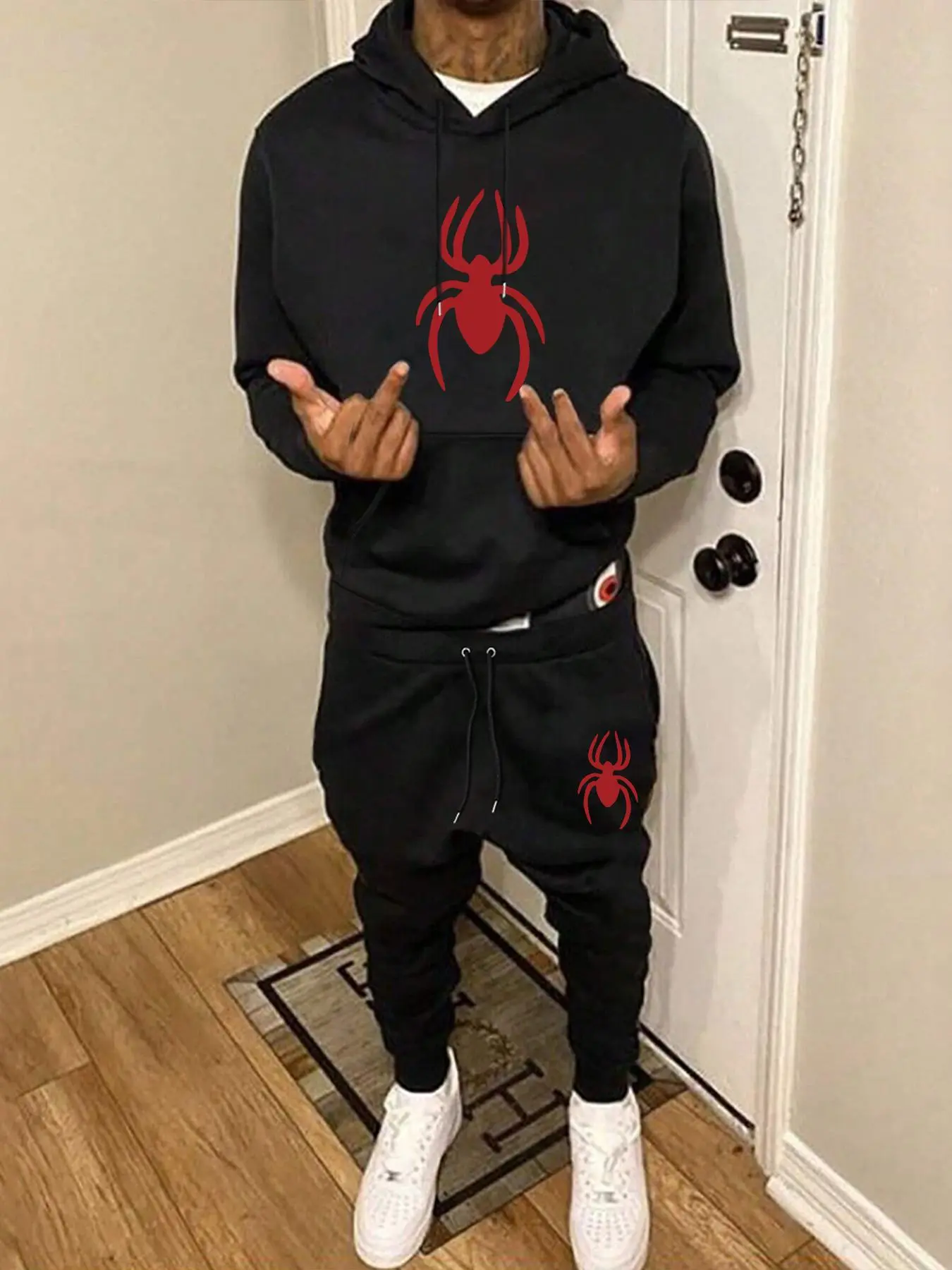 Men's Regular Fit Spider Print Drawstring Hoodie Top & Pocket Sweatpants Set, Casual Long Sleeve Hooded Clothing & Jogger Pants, Men's Fall & Winter Clothes