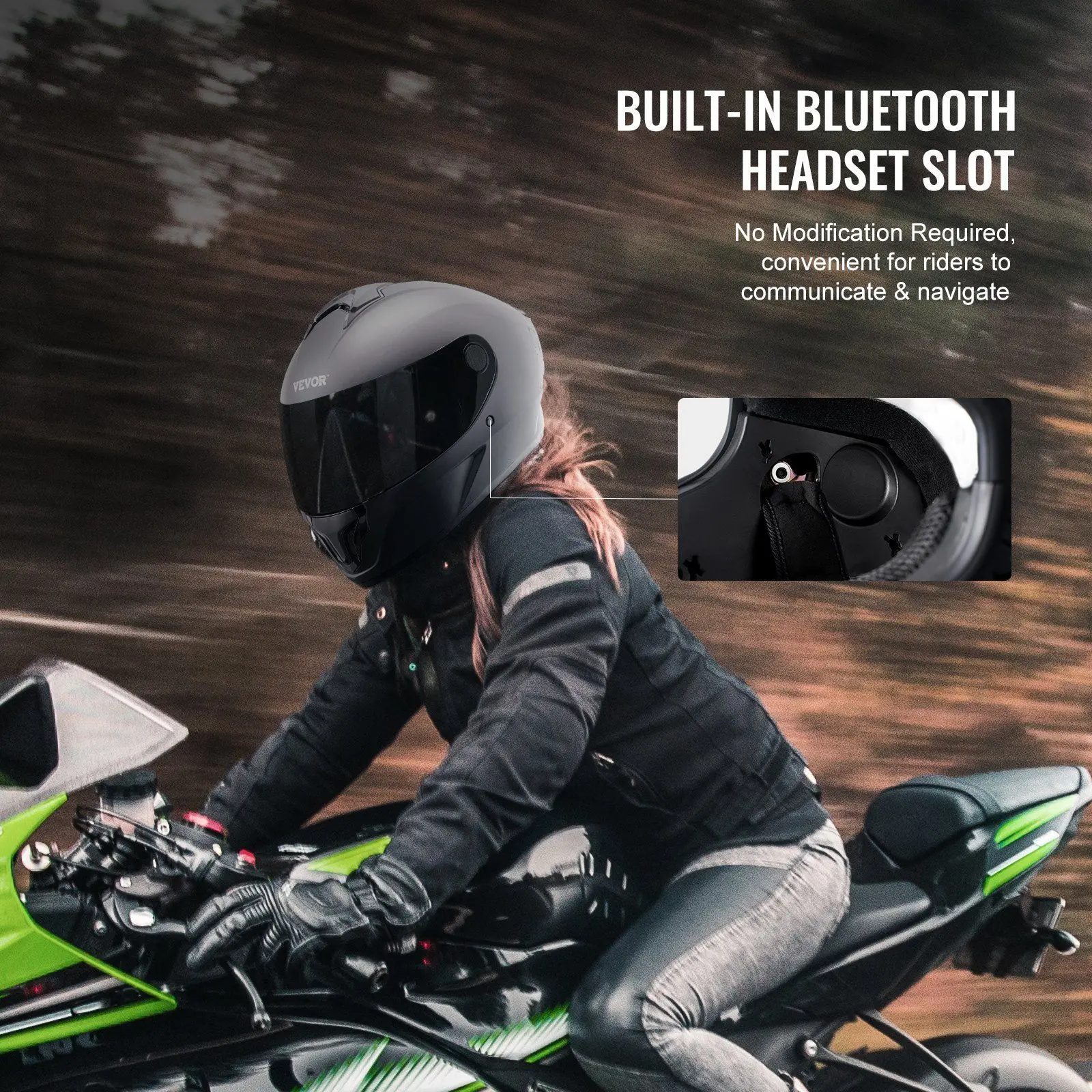 VEVOR Full Face Motorcycle Helmet - Aerodynamic Design, Comfortable Fit, Integrated Visor with Tinted & Transparent Lenses, Built-in Bluetooth Slot, Crystal-Clear View for Long Rides, Tinted Lens, Transparent Lens
