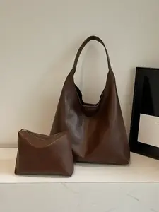 Women's Elegant Solid Color Shoulder Bag & Makeup Bag, Fashionable Large Capacity Tote Bag & Pouch, Casual Trendy Versatile Daily Commuting Bag Set