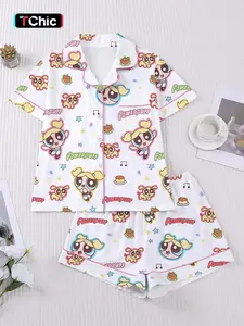 Flying Girl Print Women's Pajama Set, Short Sleeve Button-Up Soft Top and Loose Elastic Shorts, Casual Home Wear for Daily Use Nightwear