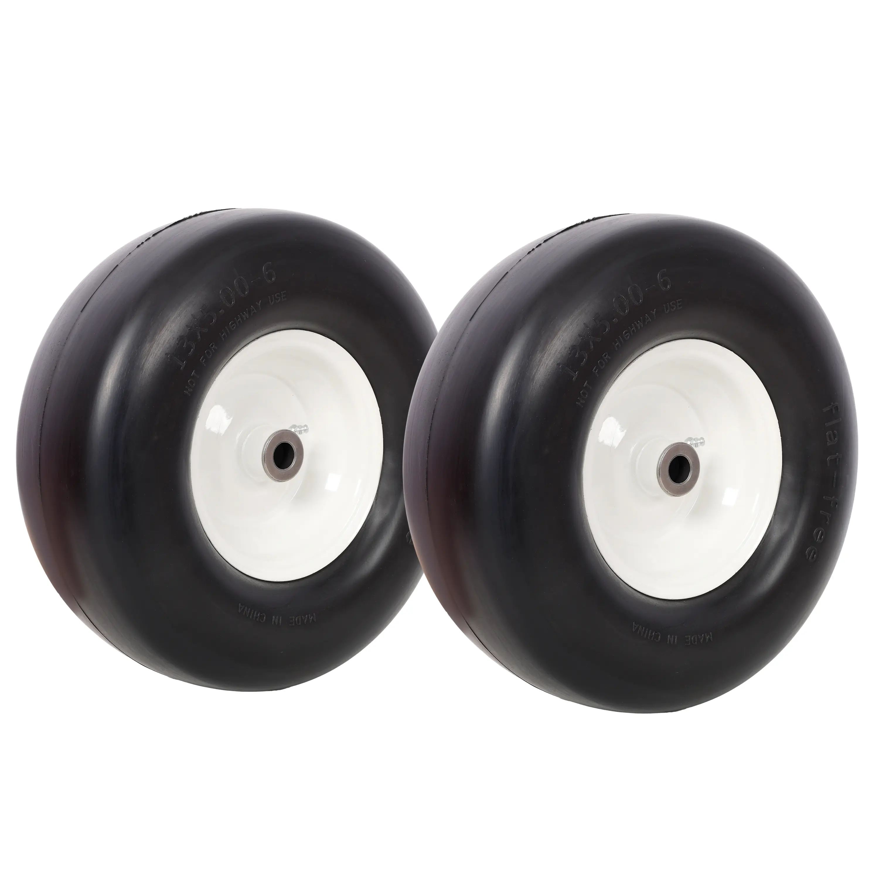 2-Pack 13×5.00-6 Flat-Free Zero-Turn Lawn Mower Solid Replacement Tires, Smooth Tread, 3/4"Bearing, 3" Central Hub, 500 LBS Per Tire, Durable Garden Equipment Parts