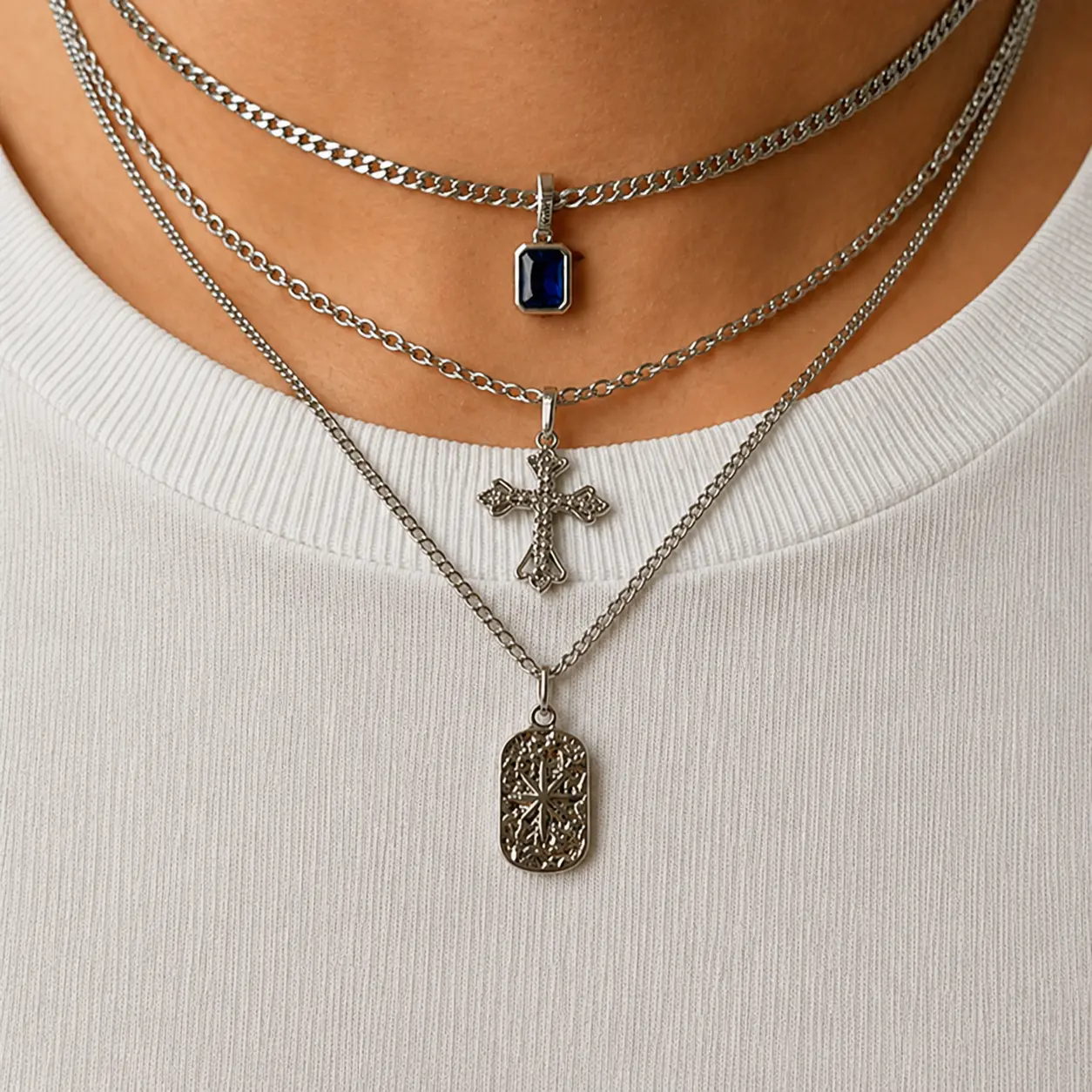 Y2K Men's Necklace Set of 3, Rhinestone Cross  |  Blue Stone Pendant  |  Compass Charm ∼ Retro, Y2k, Viral Charm