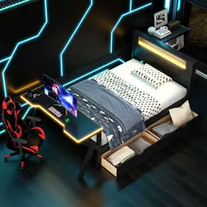 Twin Size Gaming Platform Bed with LED Headboard, LED Desk, USB and Two Storage Drawers, Wooden Twin Bed Frame with Sturdy Slats, No Box Spring Needed, Black