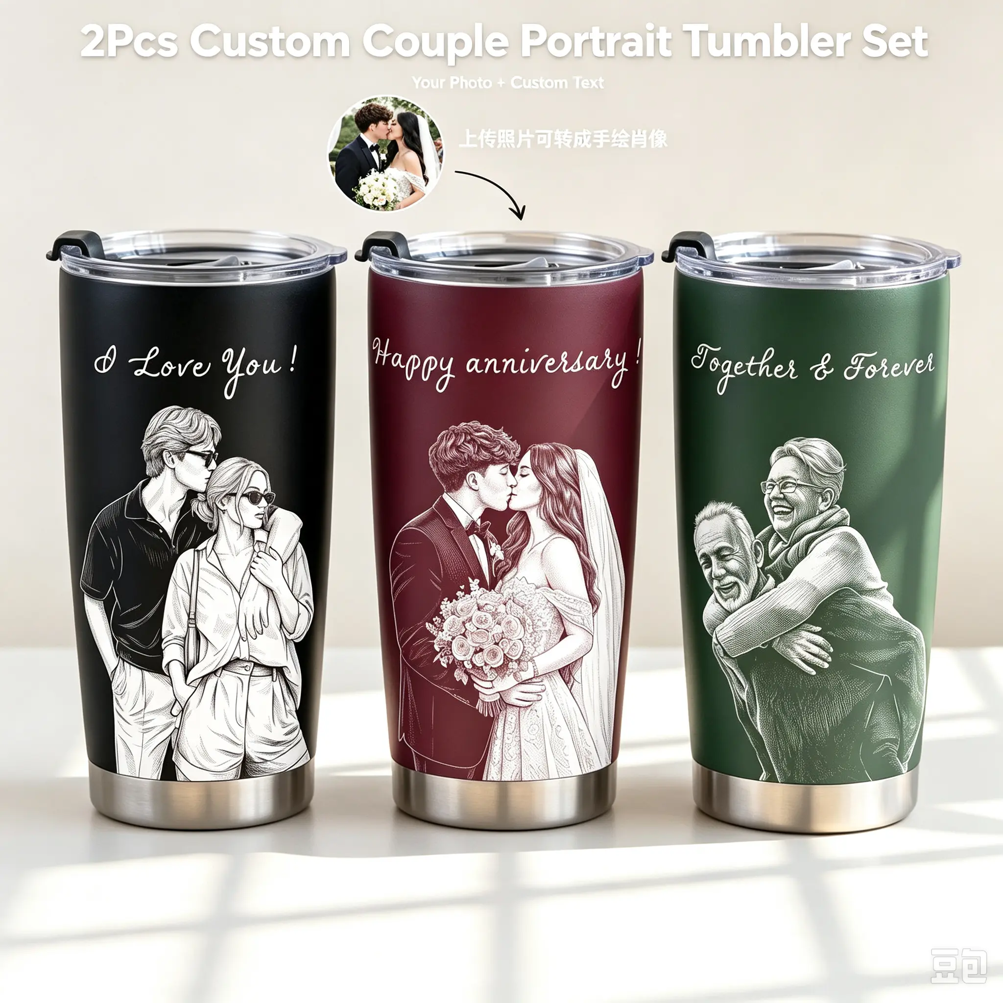 2Pcs 20oz Custom Couple Portrait Tumbler Set, Photo Sketch Anniversary Tumbler, Personalized Line Art Photo Tumbler for Him Her, Customized Wedding Anniversary Gift for Couples, Send Your Photos & Custom Text via Shop Chat
