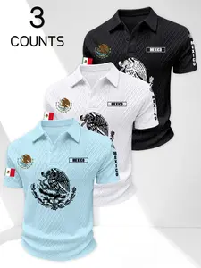 3-Pack Mexican Style Textured Polo Shirts, Men's Fashion National Emblem Print, Summer Casual Short Sleeve Collared Tops