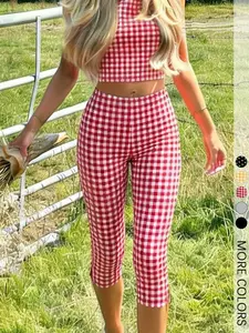 Y2K Style Women'S Red Checkered Gingham Cropped Pants, Split Hem Fitted Skinny Capri Leggings For Daily Wear Casual