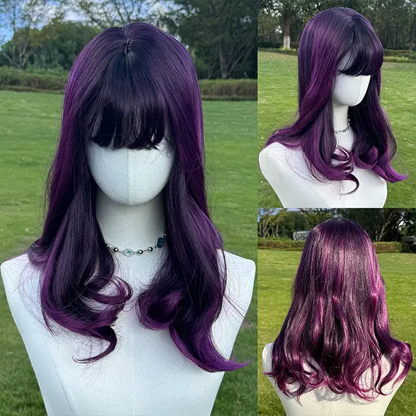 SMILCO/20Inch Highlight Purple/Brown Medium Curly with Bangs Synthetic Wig for Women Stylish and Durable Hairpiece/SM8012-3