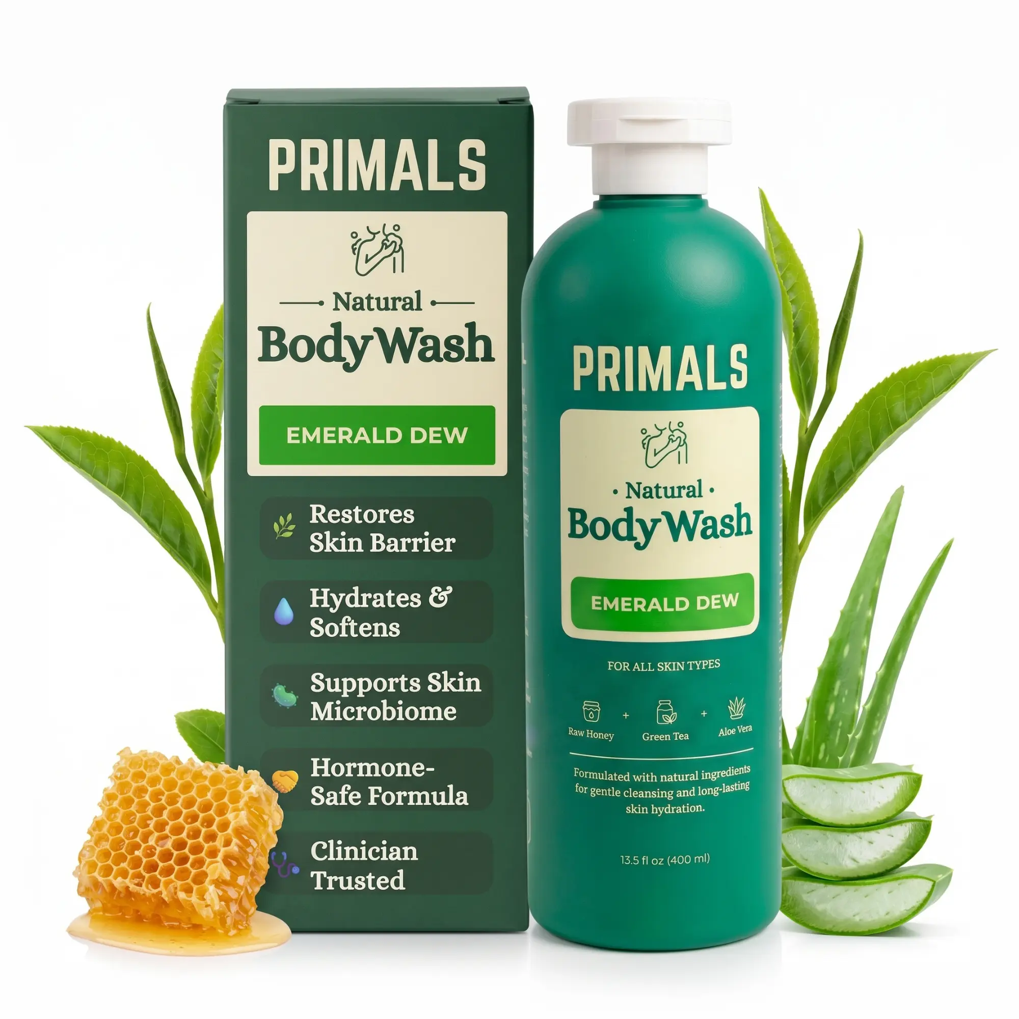 PRIMALS Natural Body Wash - Approved by 450+ Clinicians - Aloe Vera, Raw Honey, Green Tea - Natural Ingredients - Smooth, Soft & Clean Skin - Zero Artificial Fragrances, Sulfates, Parabens, or Dyes - 13.5 Fl Oz