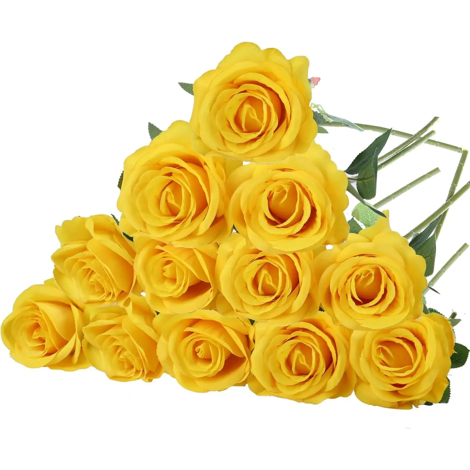 12-Pack Yellow Silk Roses Bouquet with Stems, Artificial Floral Set for Wedding Centerpiece, Kitchen Party Decoration, Plastic