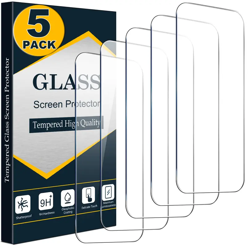 5 Pack Tempered Glass Screen Protectors for iPhone 18 17 16 15 14 13 12 11 Pro Max XR X SE, 9H Hardness HD Clear Protective Film, Scratch Resistant, Case Friendly, Easy Installation