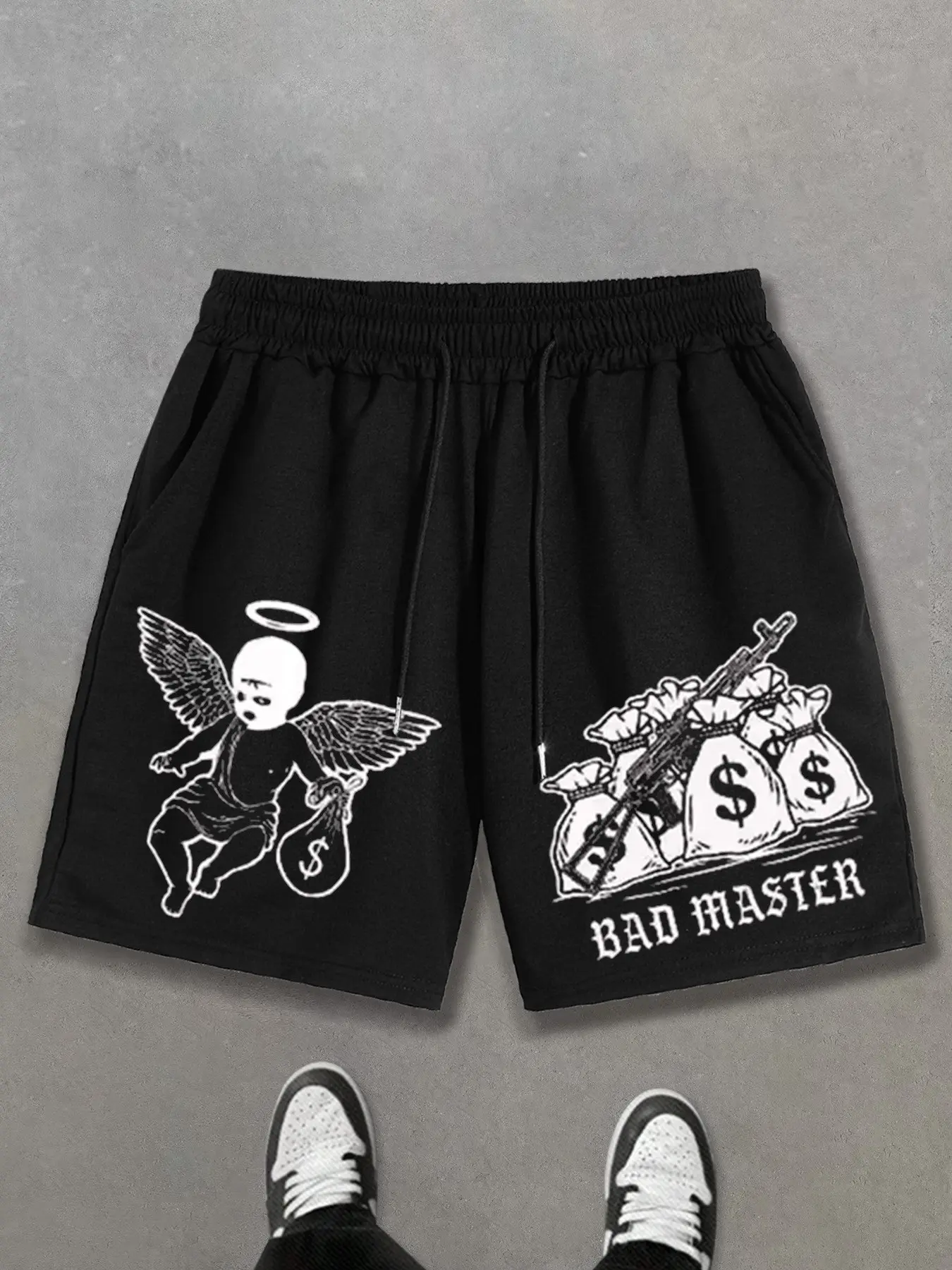 BAD MASTER Men's Streetwear Graphic Shorts - Y2K Dark Angel & Money Bag Print, Loose Fit Summer Bottoms for Urban Grunge & Punk Aesthetic Daily Outfits, Casual Street Shorts