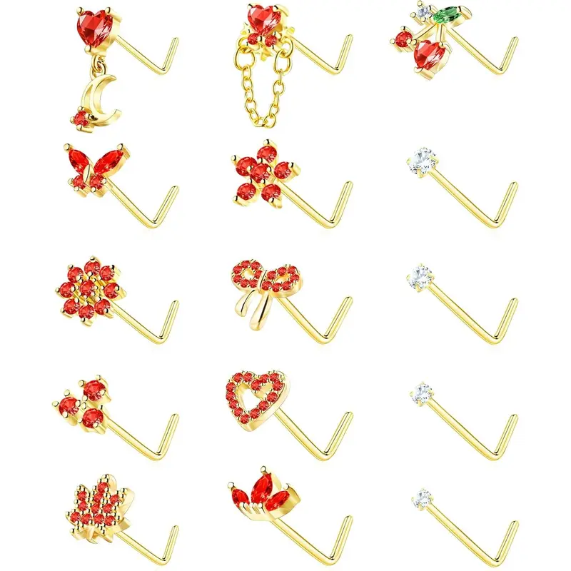 Nose Rings L Shaped for Women Nose Piercings 20G Surgical Stainless Steel  Nose Studs Pink Red CZ Heart Butterfly Flower Cherry Bow Moon Dangle Nose Piercing