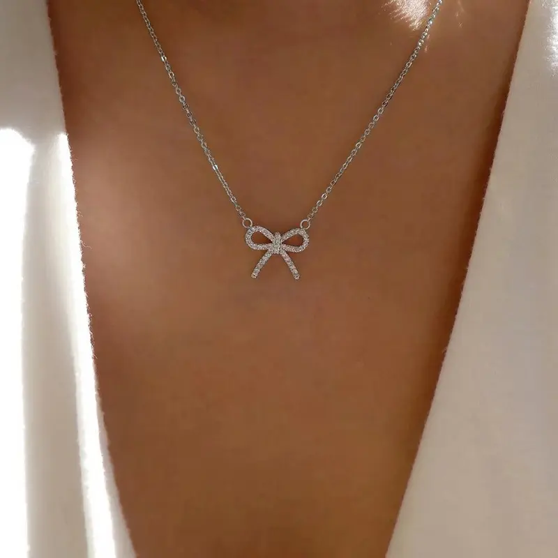 European and American Style Simple Fashion Bowknot Pendant Women's Alloy Inlaid Diamond Necklace Choker Sweater Chain