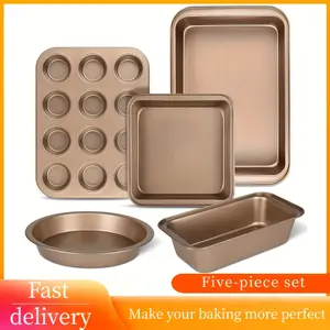 Champagne Gold 5-Piece Non-Stick Bakeware Set Round Square Cake Pans Muffin Pan Loaf Pan Cookie Sheet for Baking Enthusiasts Baked