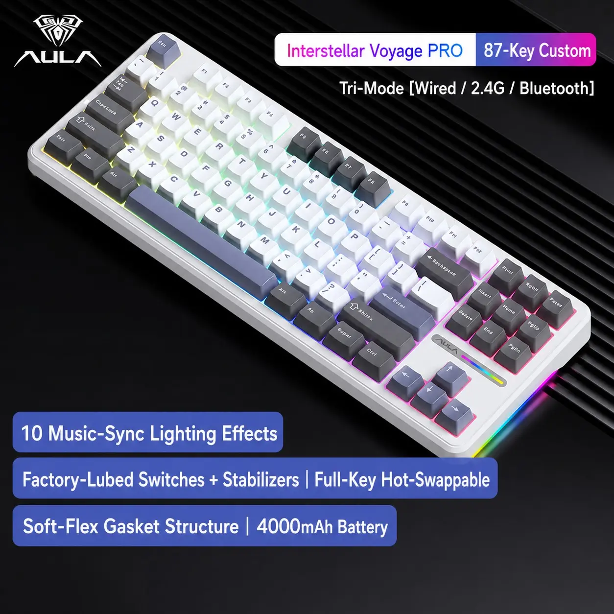 Aula F87pro Mechanical Gaming Keyboard, 87 Keys, RGB Lighting, Large Capacity Battery, Hot-Swappable Switches, Compatible with Windows/MAC/iOS