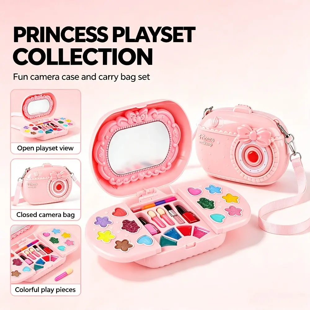 1pc Princess Camera-Shaped Washable Simulated Makeup Toy Set for Girls - Includes Lipstick, Nail Polish, Portable Messenger Bag - Kids' Birthday Gift (Makeup Play Classic Novelty Stress Relief Toy)