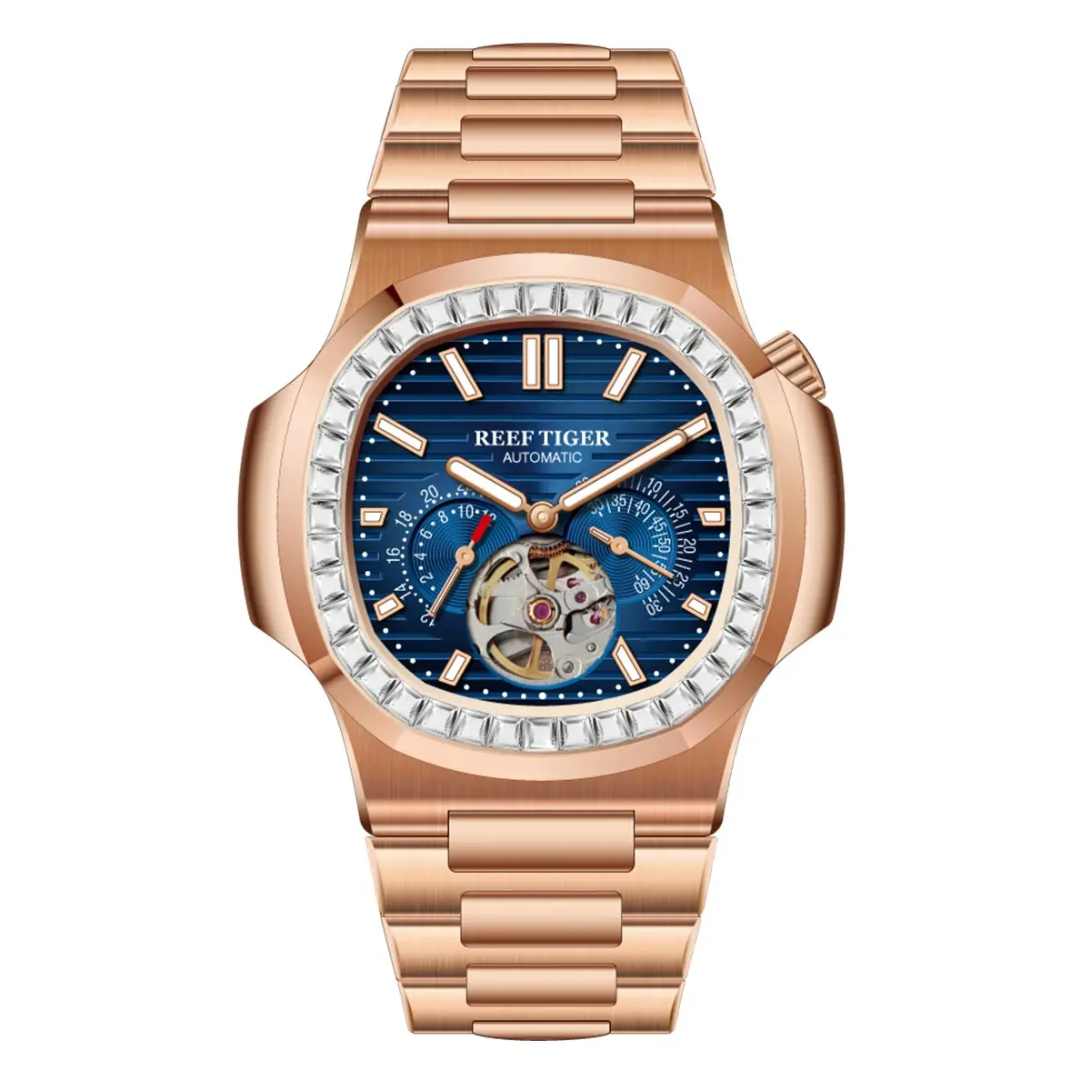 REEF TIGER Men's Luxury Mechanical Watch, Square Automatic Tourbillon with Stainless Steel Strap, Luminous Hands and 24-Hour Display