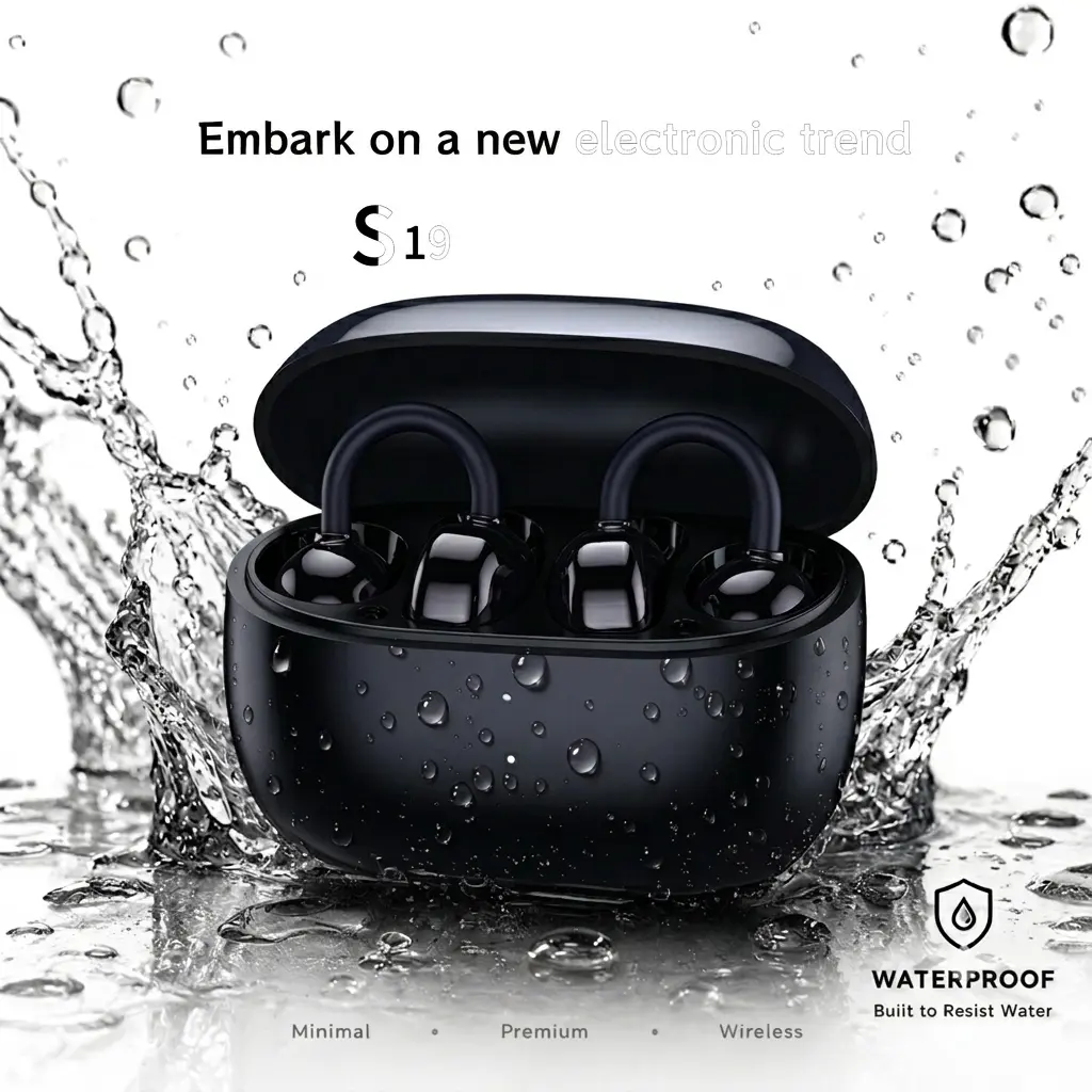 S19 Bluetooth earphones, Open-Ear Clip-On Earbuds 12mm Speakers C-bridge design - 21+ Hours Playtime IP55 Splashproof Lightweight Bluetooth 5.3 - left and right automatic recognition, HiFi stereo, touch, IPX5 waterproof, Father's Day gift.,Intelligent,ANC