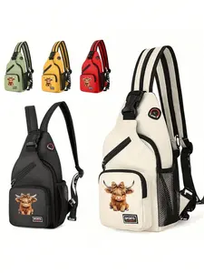 Highland Cow Printed Sling Bag - Multi-Color Casual Durable Crossbody Chest Bag,Multi Pockets Sling Backpack, Casual Nylon Crossbody Bag, Travel Hiking Daypack With Zipper Strap, Lightweight Water-Resistant Daypack With Multiple Pockets