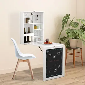 Floating Wall Mounted Table, Foldable Desk with Storage Shelves and Blackboard - black+white -W2181P151572