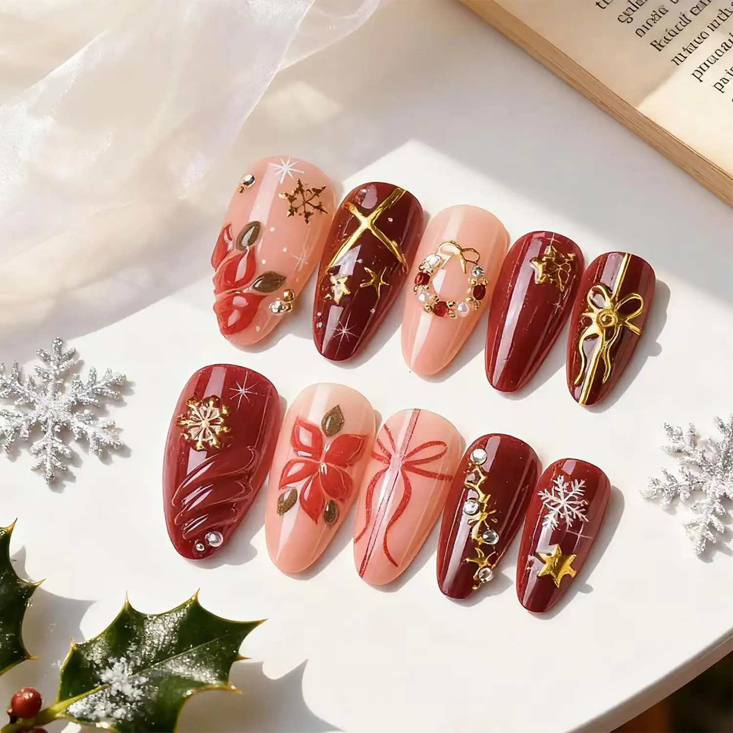 24-Piece Medium Almond Christmas Holiday Press-On Nails Xmas Wreath Gold Snowflake Rhinestone 3D Winter Flower Full-Cover Acrylic Fake Nails Set for Women