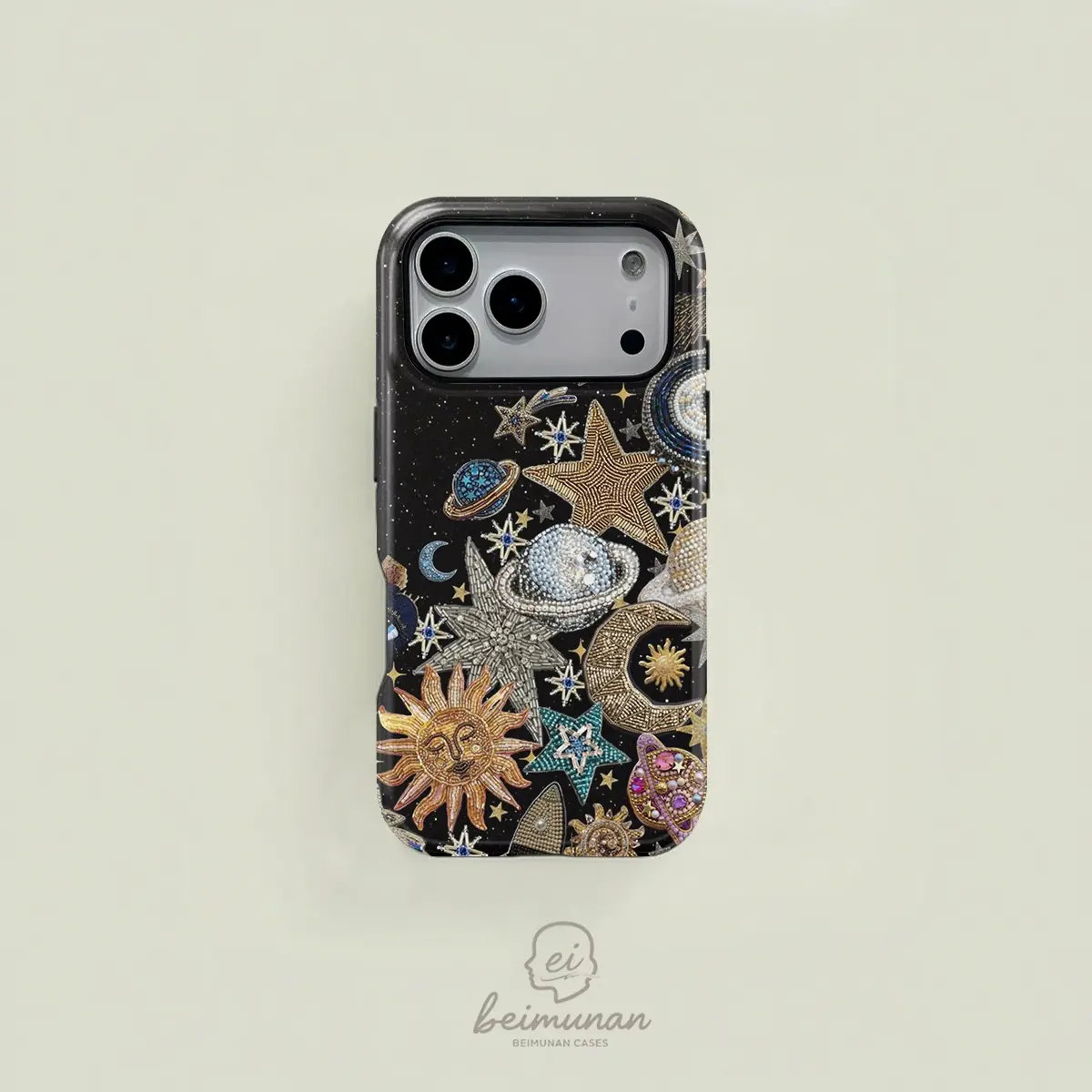 1PC Celestial Galaxy Space Stars Moons Planets Rocket Rhinestone Embroidered Phone Case，Rugged Shockproof 2in1 Protective Cover for iPhone 17 16 15 14 13 12 Pro Max， Samsung Galaxy S25 S24 S23 S22 Ultra Series Holiday Gift Minimalist Fashion Case