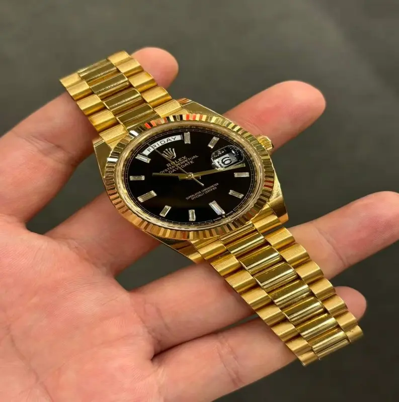 ‮ acilpeR1:1 xeloR  ‬Day‑Date 40mm Solid Yellow Gold President Bracelet Black Baguette Diamond Dial Automatic Men Watch