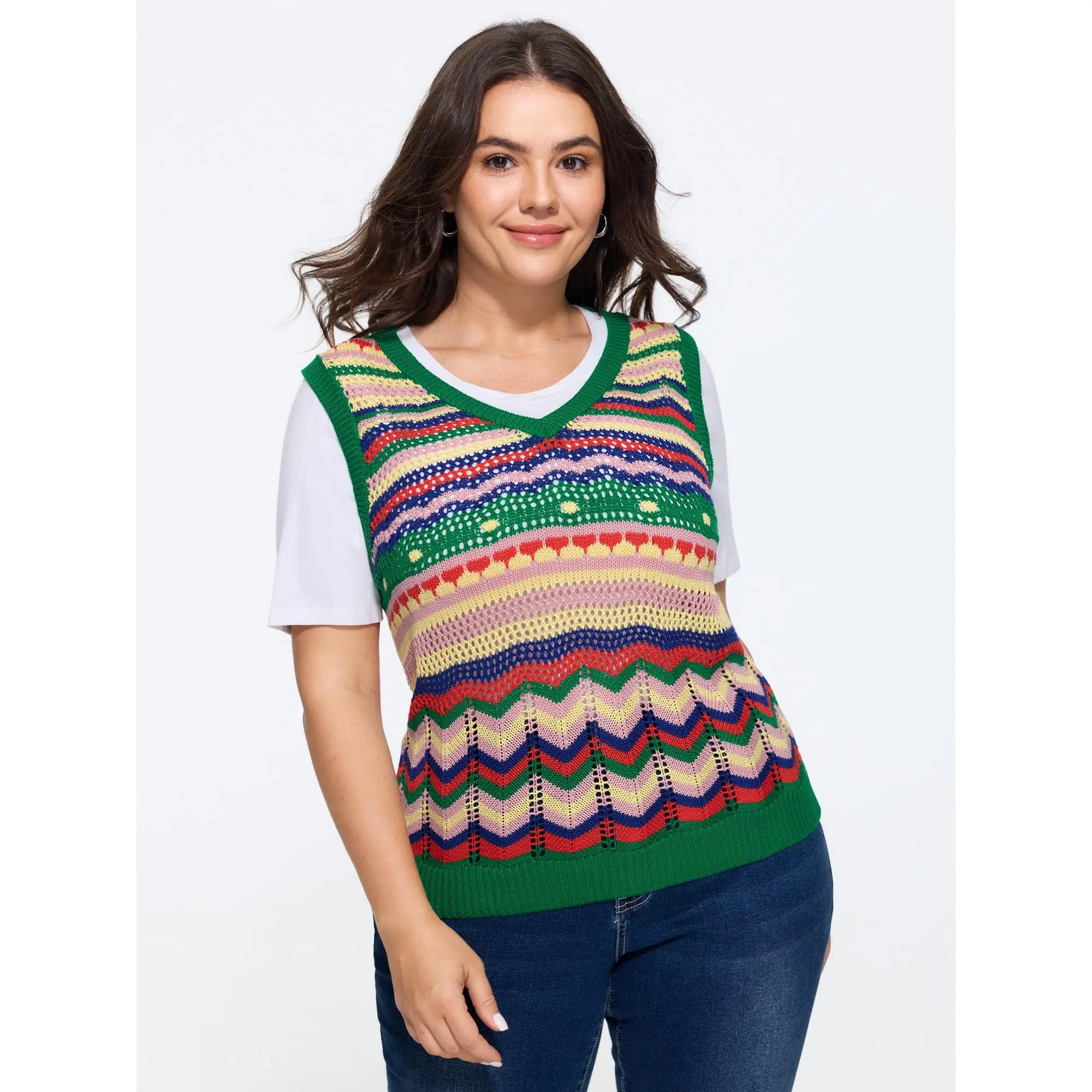 Women's Plus Size Colorful Stripe-Chevron Crochet Sweater Vest [M-6X] - Summer Womenswear Top