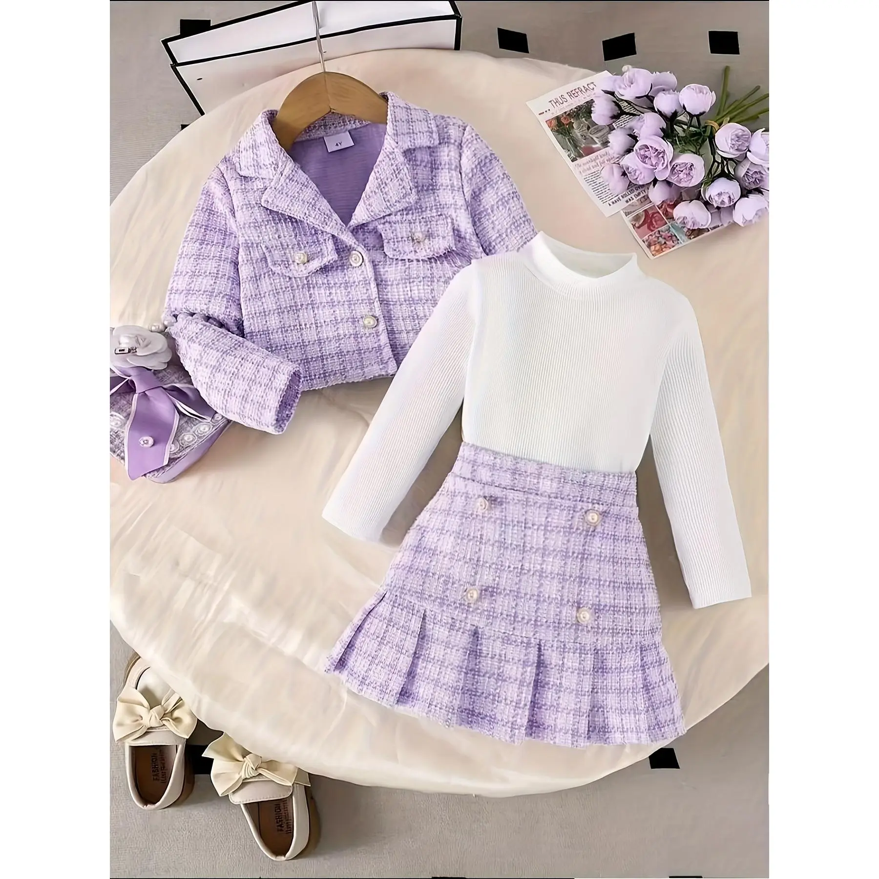 NewD235655 Pink Plaid Short Jacket, White Base T-Shirt, Pink Plaid Pleated Skirt Girls' Three-Piece Suit with White Slim Fit Collar Inner Layer, Knee-Length Pleated Skirt Style, One Set of Fashionable Outfit Suitable for Autumn and Winter, Stylish and Ele