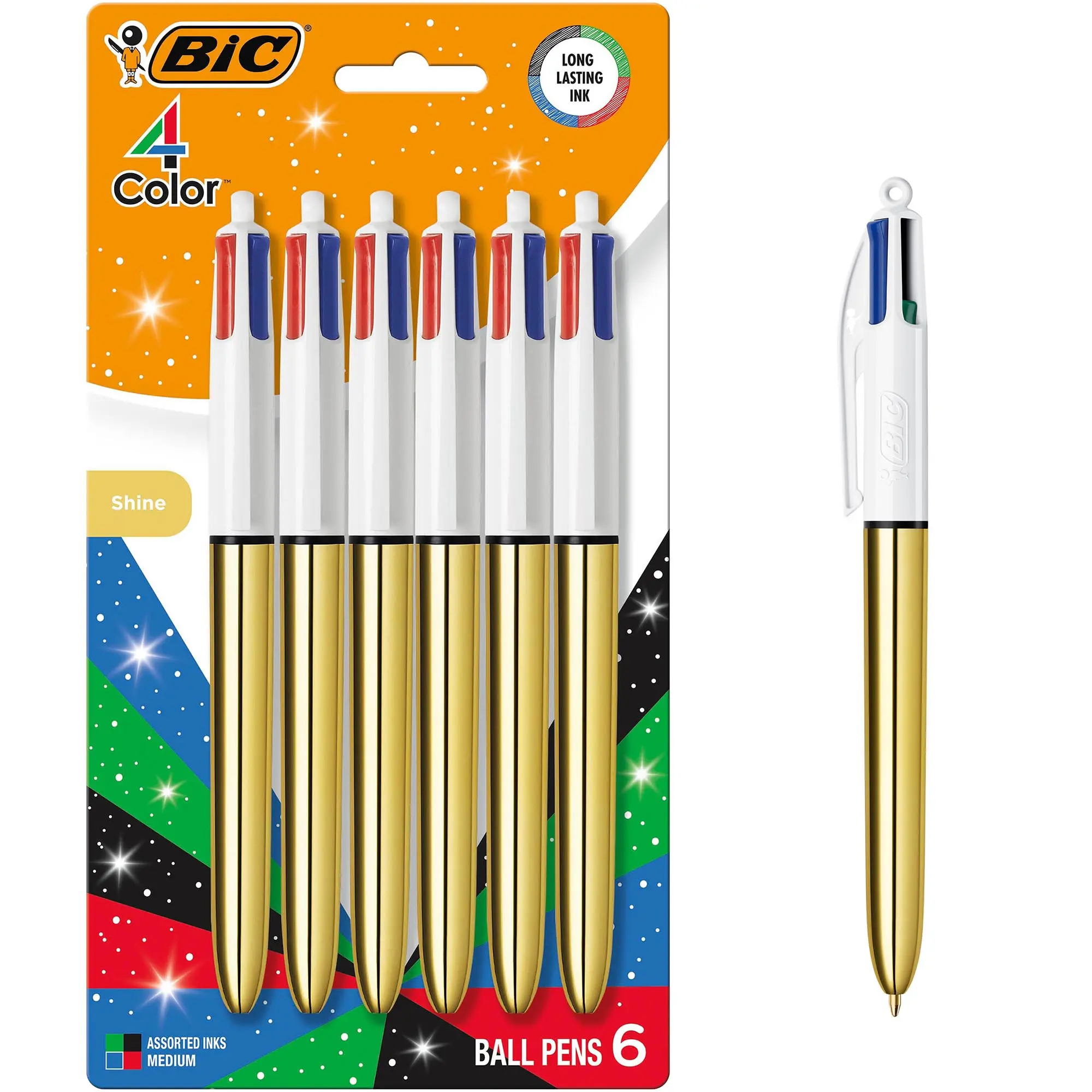 BIC 4 Color Shine Retractable Ballpoint Pen, Versatile 1.0 mm Medium Point, 6-Count in Assorted Ink BIC 4 Color Shine Retractable Ballpoint Pen, Versatile 1.0 mm Medium Point, 6-Count in Assorted Ink