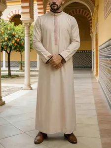 Muslim Men's Thobe with Embroidered Stand Collar, Saudi Arabian Traditional Clothing for Festivals, Ramadan Gifts, Business Travel