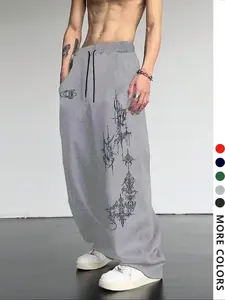Men's Casual Sporty Long Pants, Workout Bottoms, Thorn Cross Pattern Print, Drawstring Wide Leg, All-Season Fitted Trousers, Men's Fashion Clothing, Drawstring Waist Sweatpants