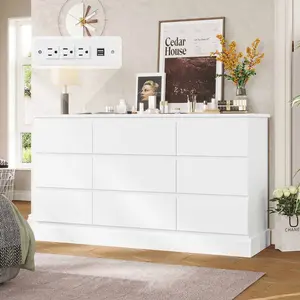 Sikaic Modern White Dresser for Bedroom with 9 Drawers, 61.4"Wide Dressers, Chest of Drawers with Large Capacity Storage, Long Dresser TV Stand with Power Outlets, Sturdy Storage Cabinet for Living Room