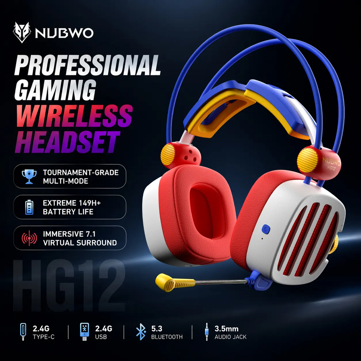 NUBWO HG12  Premium Wireless Gaming Headset, 2.4GHz & Bluetooth 5.3, Virtual 7.1 Surround Sound, 10-Min Fast Charge, 149H Battery, RGB Lights, Detachable Mic, for PC,phone,Tablet, PS5, PS4, Switch, Laptop