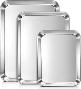 Baking Sheet Pans Set of 3, Stainless Steel Cookie Sheets for Baking, 17.5/16/12.4 Inch Half/Quarter/Jelly Roll Pans for Oven, Mirror Finish Metal Tray, Heavy Duty & Rust Resistant