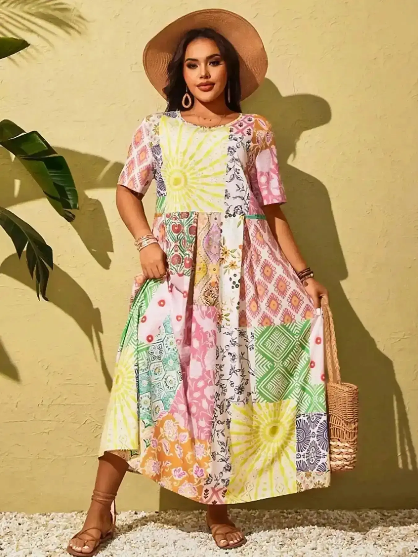 Retro Women's Plus Size New Boho Patchwork Dress, Stylish Casual Wear, Comfortable Fit, , Spring Trendy Fashion Clothing, Style Dresses, Cottagecore, Ethereal, Loungewear, Lightweight, Versatile