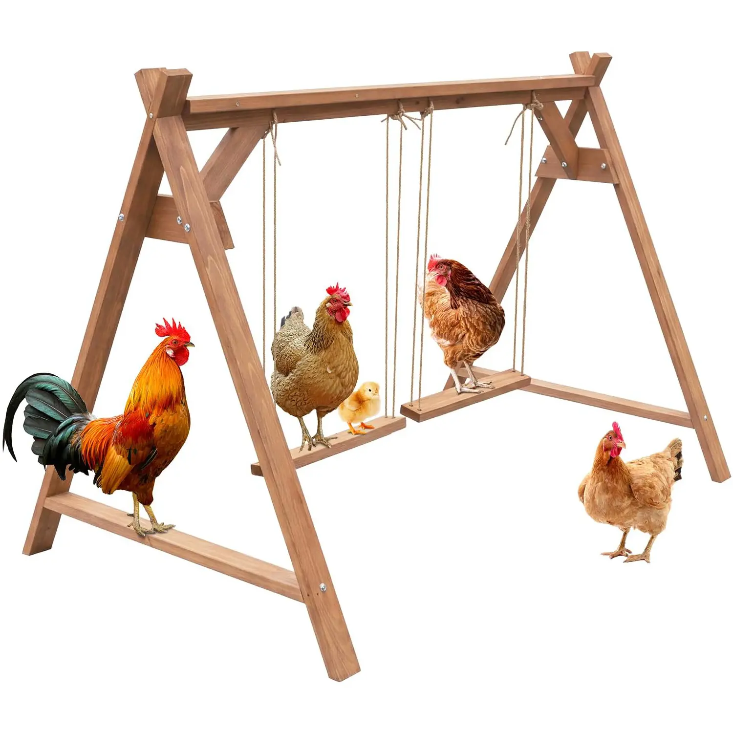 Wooden Chicken Perch with 2 Swings, Chicken Roosting Bars for Coop Accessories, Easy-to-Assemble Chicken Run Toy for Promotes Healthy Exercise, Backyard Farm Poultry Outdoor