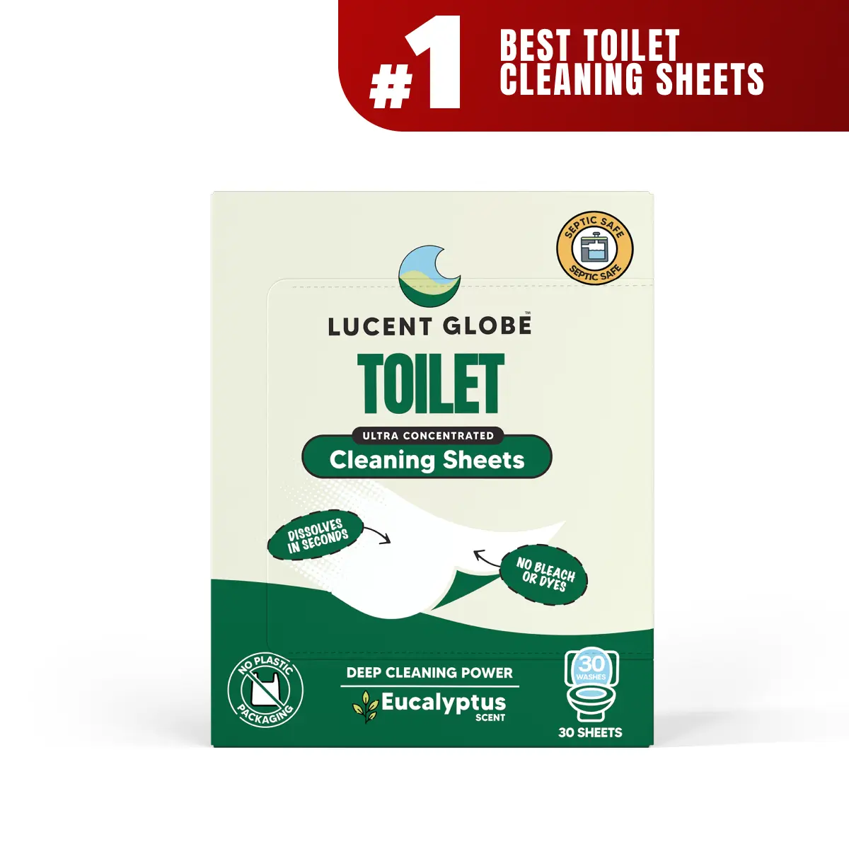 Lucent Globe Toilet Cleaning Sheets | 30 Washes | Replaces Toilet Liquid & Bleach | Zero Plastic Packaging | No Nasties Formula | Septic Safe | Powerful Limescale Fighter | Fresh Eucalyptus Scent | Eco Friendly Toilet Cleaner