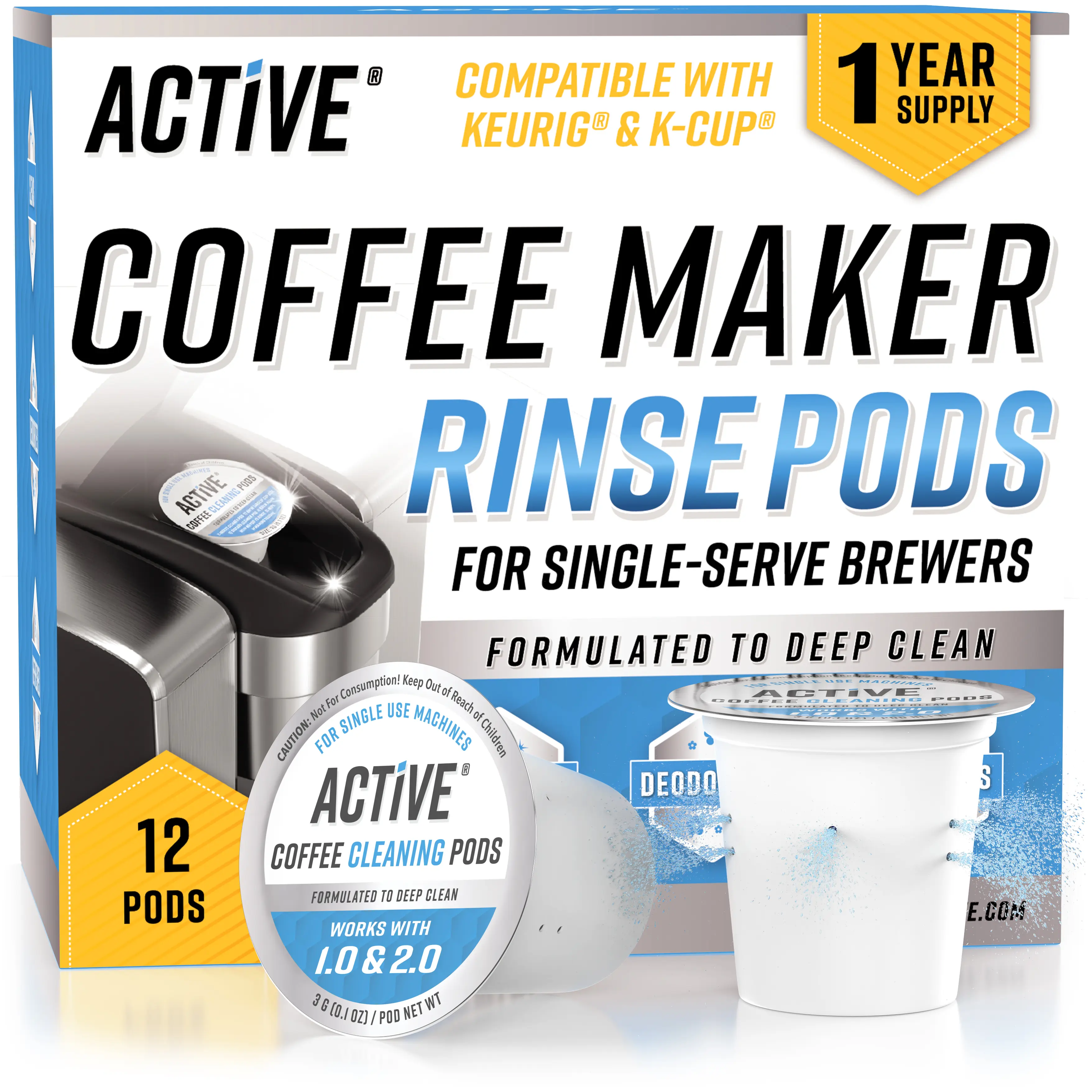 ACTIVE K-Cup Compatible Keurig Cleaning Pods - Quick-Rinse Cleaners for Single Serve Coffee Machine, 12 Month Coffee Maker Cleaner Kit, Brewer Clean Cups for Keurig 1.0, 2.0, Mini Machines - 12 Pack