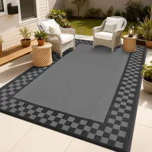 Grey Outdoor Rug 8x10 Waterproof Patio Rugs Modern Checkered Reversible Mat for Front Door Rv Foldable Plastic Straw Carpet for Travel Trailers, Deck, Picnic, Porch, Camper, Balcony, Beach