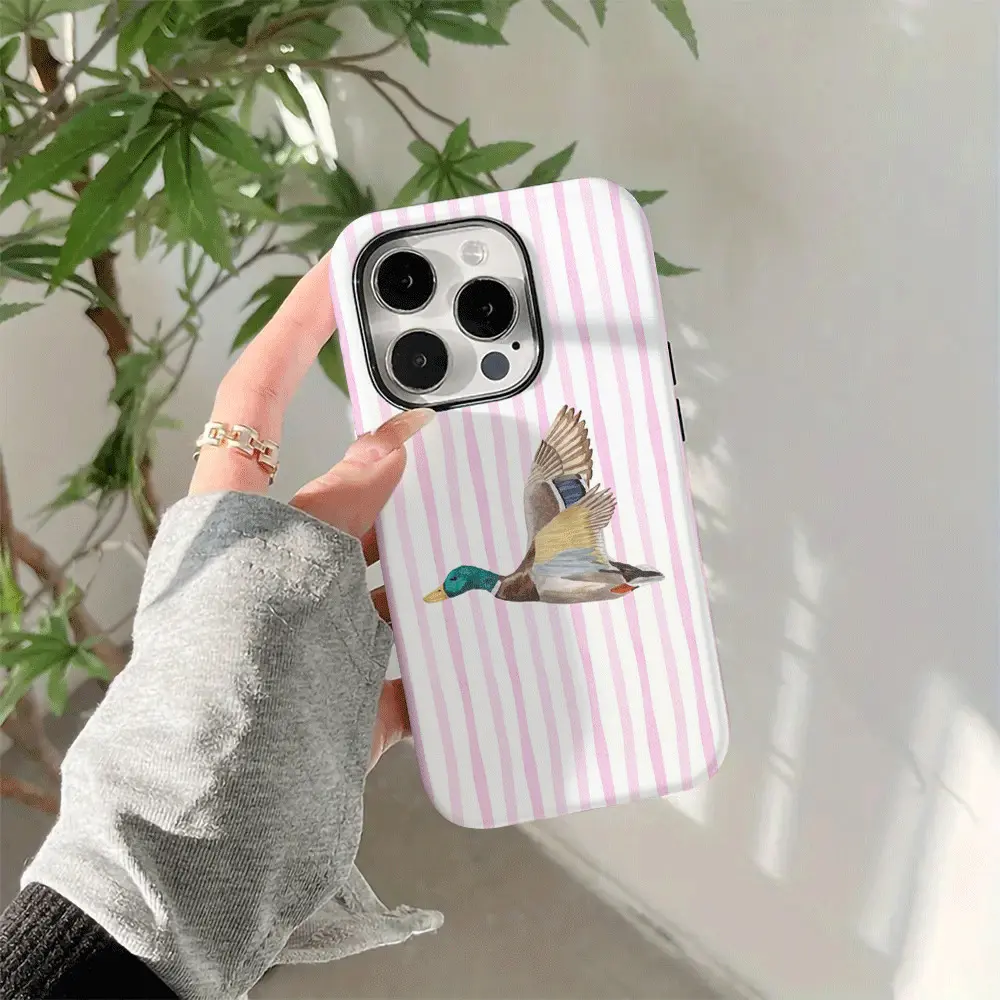 Preppy Pink White Striped Mallard Duck Print Phone Case, Retro Countryside Illustration, Slim Anti-Scratch Hard Cover, Cute Accessories, Compatible with iPhone 12-18 & Galaxy S22-S26, TikTok FYP Viral Old Money Soft Girly Design