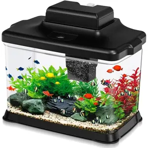 Small Fish Tank Ultra-Clear 1.6 Gallon Aquarium Starter Kits with LED Lighting and Filter System Beginner-Friendly Mini Betta Aquarium for Small Fish Shrimp Desktop Room Decoration