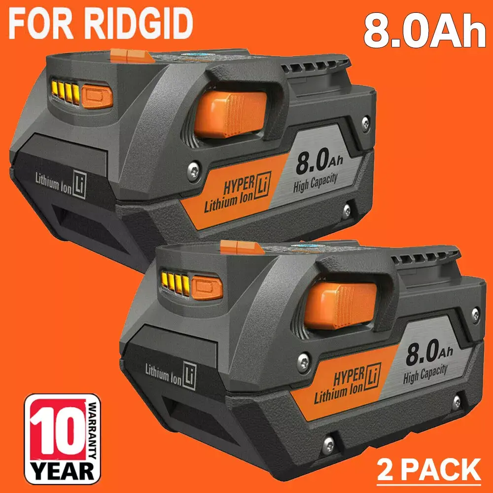 2-Pack 18V Lithium-Ion High Capacity Replacement Power Tool Batteries (8.0Ah) - No Memory Effect, Over-Current Protection, High Quality Materials, Circulatory Function, Compatible with Ridgid R840085/R840087 Tools