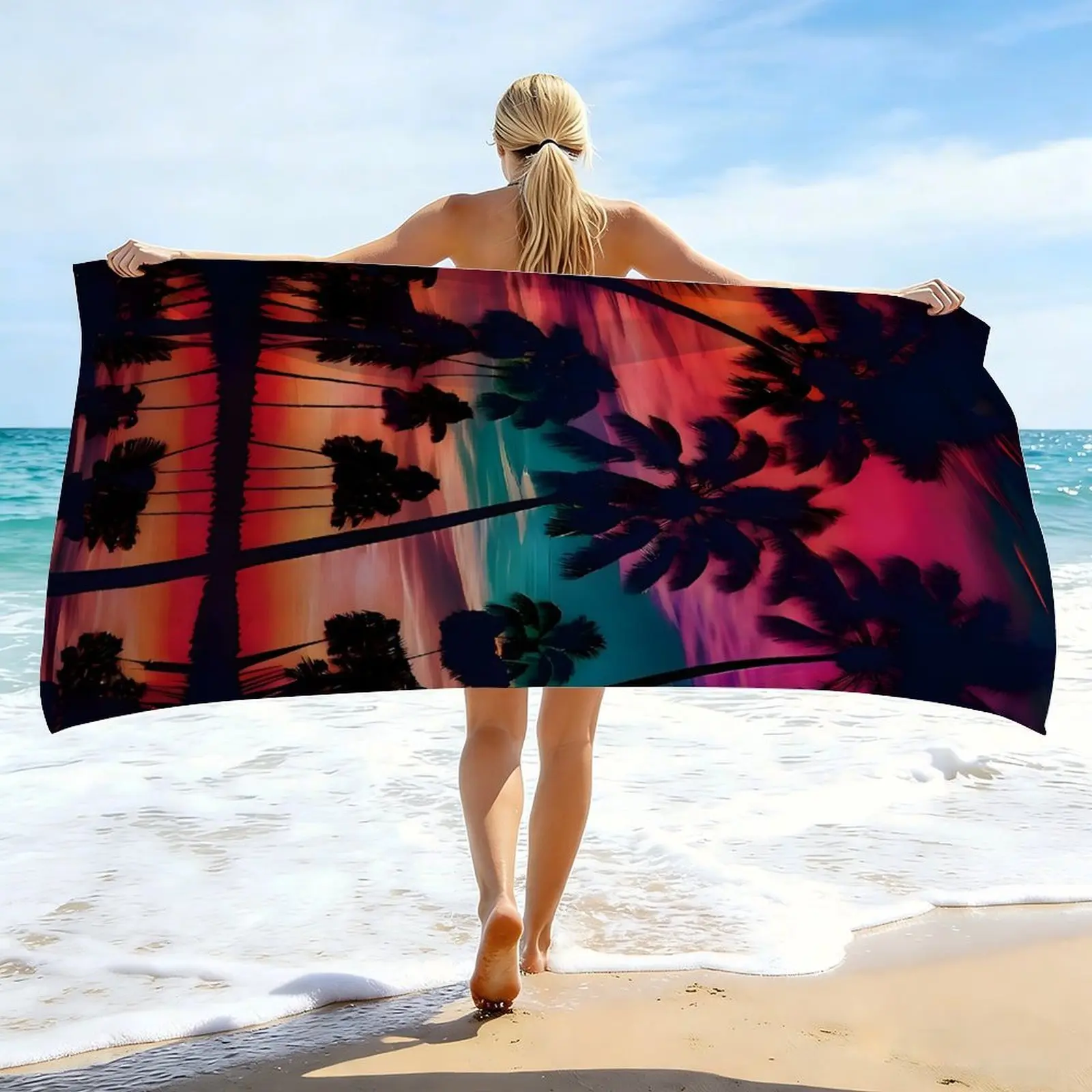 Microfiber Tropical Coconut Tree Print Beach Towel - Thick, Super Absorbent, Multi-Use as Bath Towel or Beach Mat for Pool, Camping, Travel