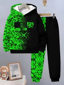 Boys Spring & Fall Sports Set, Minecraft Pixel Hoodie and Pants Two-Piece, Casual Fitted Game Style