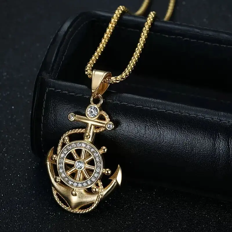 MaxBling81 High-Polished Stainless Steel Anchor Pendant Necklace, Iced CZ Accents, 24" Rolo Chain, Hip Hop Celebrity Style Hip Hop Accessories Costume Jewelry for Everyday Wear