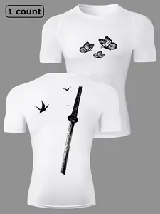 Men's Butterfly Sword Print Short Sleeve Compression Shirt, Gym Workout Running Sporty T-Shirt, Summer Quick-Dry Breathable Round Neck Tees Tops, Tight-Fit Baselayers Undershirts Rash Guard Activewear Sportswear
